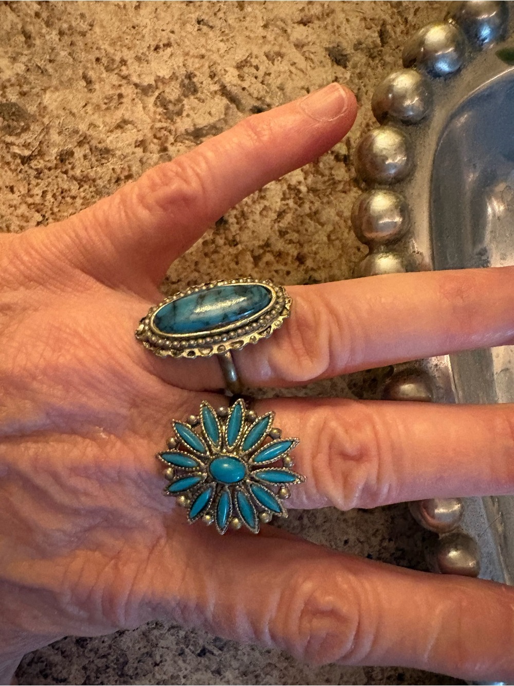 Turquoise Cluster Floral Statement Ring in Silver Tone